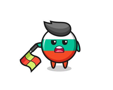 İspanyol bayrağı karakteri çizgi hakimi olarak bayrağı 45 derecelik açıyla tutun, tişört, çıkartma, logo elementi için şirin bir tasarım yapın.