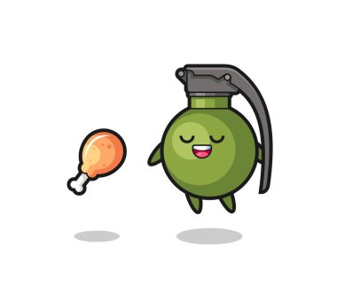 Şirin el bombası havada uçuşuyor ve kızarmış tavuk yüzünden cezbediliyor. Tişört, çıkartma, logo elementi için şirin bir tasarım.