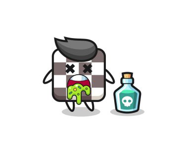 Zehirlenme sonucu kusan bir satranç tahtası karakterinin çizimi, tişört, etiket, logo elementi için şirin bir tasarım.