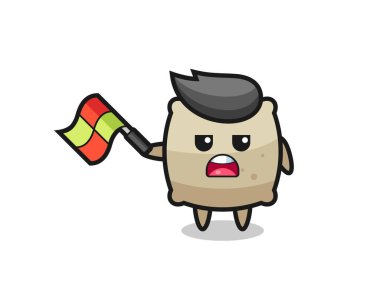 Çizgi film hakemi olarak çuval karikatürü 45 derecelik açıyla tut, tişört, çıkartma, logo elementi için şirin bir tasarım.