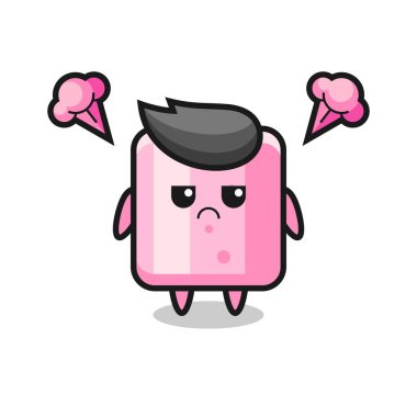 Tatlı Marshmallow çizgi film karakterinin rahatsız edici ifadesi, tişört, etiket, logo elementi için şirin bir tasarım.