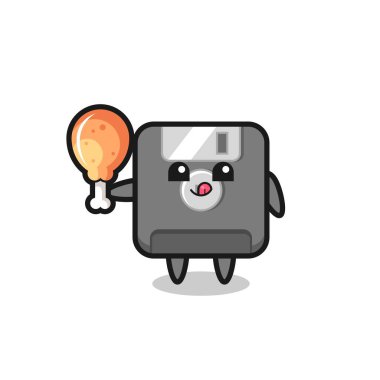 Disket şirin maskotu kızarmış tavuk yiyor. Tişört, çıkartma, logo elementi için şirin bir tasarım.