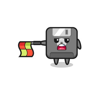 Disket karakteri çizgi hakemi olarak bayrağı yatay tutun, tişört, etiket, logo ögesi için şirin bir tasarım yapın