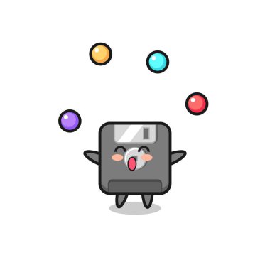 Disket sirk karikatürü, top hokkabazlığı, tişört, çıkartma, logo elementi için şirin bir tasarım.