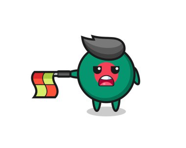 Bangladeş bayrak rozeti karakteri çizgi hakimi olarak bayrağı yatay olarak tutun, tişört, çıkartma, logo elementi için şirin bir tasarım yapın