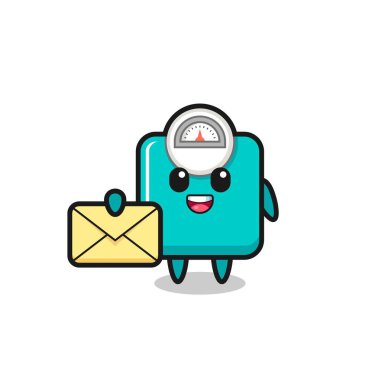 Ağırlık ölçeğinin karikatür çizimi sarı bir harf taşıyor, tişört, çıkartma, logo elementi için şirin bir tasarım.