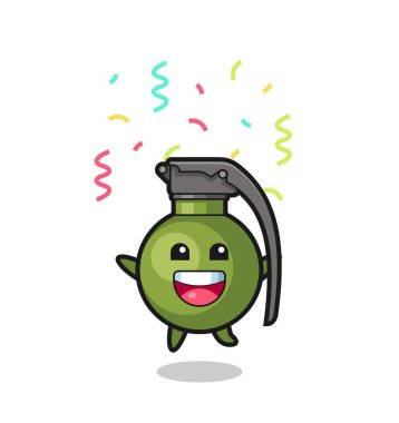 Renkli konfetiyle tebrik etmek için atlayan mutlu el bombası maskotu tişört, çıkartma, logo elementi için şirin bir tasarım.