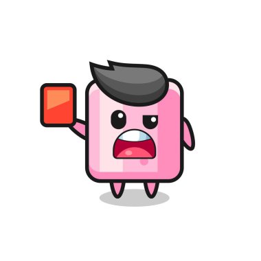 Hakem olarak marshmallow şirin maskotu kırmızı kart veriyor, tişört, çıkartma, logo elementi için şirin bir tasarım.