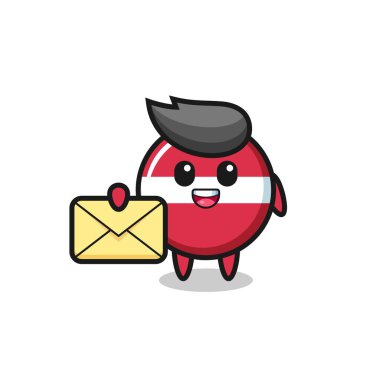 Letonya bayrak rozetinin sarı bir harf taşıdığı karikatür çizimi tişört, çıkartma, logo elementi için şirin bir tasarım.