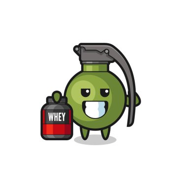 Kas bombası karakteri bir protein takviyesi tutuyor. Tişört, çıkartma, logo elementi için şirin bir tasarım.