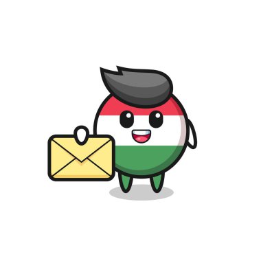 Sarı bir harf taşıyan Hungary Flag Rozet karikatürü. Tişört, çıkartma, logo elementi için şirin bir tasarım.