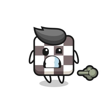 Satranç tahtası karikatürü osuruyor, tişört, etiket, logo elementi için şirin bir tasarım yapıyor.