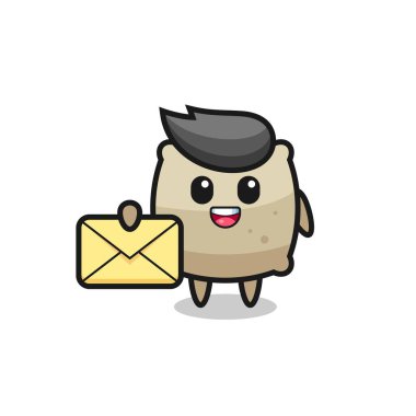 Sarı bir harf tutan çuval çizimi, tişört, çıkartma, logo elementi için şirin bir tasarım.