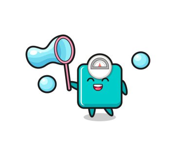 Mutlu ağırlık ölçeğinde sabun köpüğü oynayan çizgi film, tişört, etiket, logo elementi için şirin bir tasarım