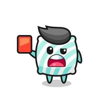 Hakem olarak sevimli yastık maskotu kırmızı kart veriyor. Tişört, çıkartma, logo elementi için şirin bir tasarım.