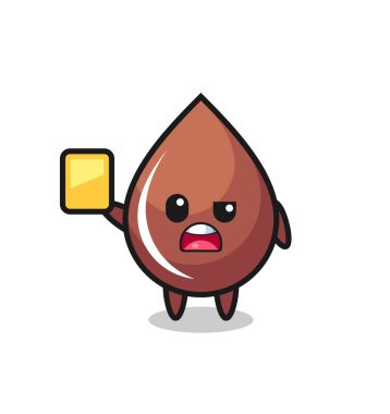 Futbol hakemi olarak çizgi film çikolatası düşüşü karakteri sarı kart veriyor, tişört, çıkartma, logo elementi için şirin bir tasarım.