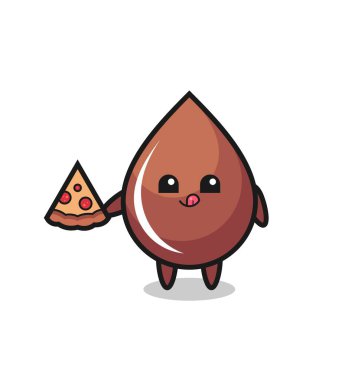 Tatlı çikolatalı çizgi film pizza yiyor. Tişört, çıkartma, logo elementleri için şirin bir tasarım.