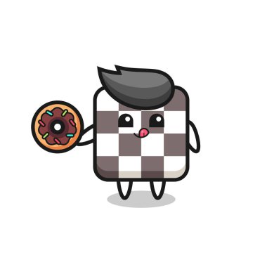 Bir satranç tahtası karakteri tişört, etiket ve logo için tatlı bir tasarım donut yiyor.