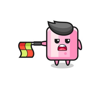 Çizgi hakemi olarak marshmallow karakteri bayrağı yatay tutun, tişört, etiket, logo elementi için şirin bir tasarım yapın