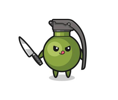 Şirin bir el bombası maskotu. Bıçak tutan bir psikopat. Tişört, çıkartma, logo elementi için şirin bir tasarım.