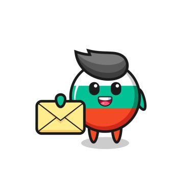 Bulgaria bayrak rozetinin sarı bir harf taşıdığı karikatür çizimi tişört, çıkartma, logo elementi için şirin bir tasarım.