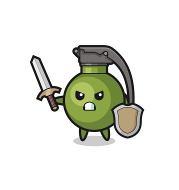 Şirin bir el bombası askeri kılıçla ve kalkanla savaşıyor. Tişört, çıkartma, logo elementi için şirin bir tasarım.