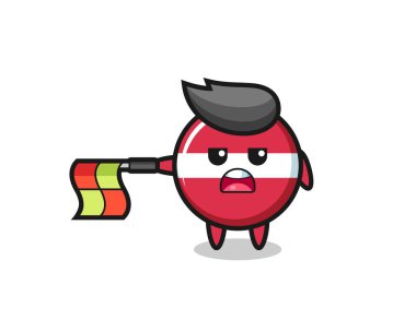 Sıra hakimi olarak Letonya bayrak rozeti karakteri bayrağı yatay tutun, tişört, etiket, logo elementi için şirin bir tasarım yapın