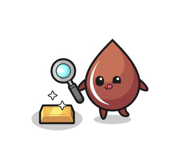 Çikolata damlası karakteri altın külçesinin orijinalliğini kontrol ediyor. Tişört, çıkartma, logo elementi için şirin bir tasarım.