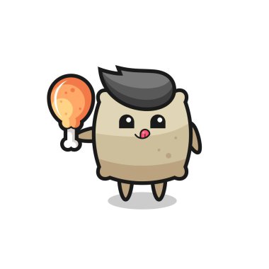 Sevimli maskot kızarmış tavuk yiyor. Tişört, çıkartma ve logo için şirin bir tasarım.