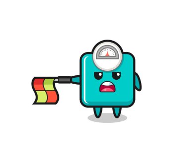 çizgi hakemi olarak ağırlık ölçekli karakter bayrağı yatay tut, tişört, etiket, logo ögesi için şirin tasarım