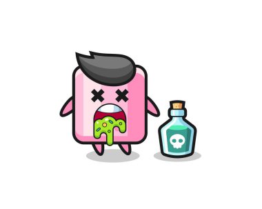 Zehirlenme sonucu kusan bir marşmelov karakteri çizimi, tişört, etiket, logo elementi için şirin bir tasarım.