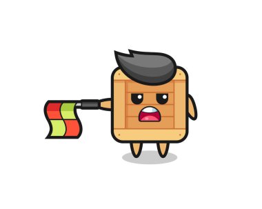 Çizgi yargıcı olarak tahta kutu karakteri bayrağı yatay tutun, tişört, etiket, logo elementi için şirin bir tasarım yapın