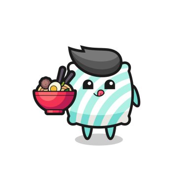 Sevimli yastık karakteri erişte yiyor, tişört, çıkartma, logo elementi için şirin bir tasarım yapıyor.