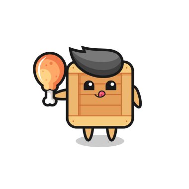 Ahşap kutu şirin maskot kızarmış tavuk yiyor. Tişört, çıkartma, logo elementi için şirin bir tasarım.