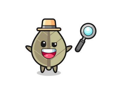 Kurumuş yaprak maskotunun bir davayı çözen bir dedektif olarak tasviri. Gömlek, çıkartma, logo elementi için şirin bir tasarım.