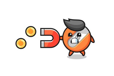 Kalem açacağının karakteri altın sikkeleri yakalamak için bir mıknatıs tutar, tişört, etiket, logo elementi için şirin bir tasarım.