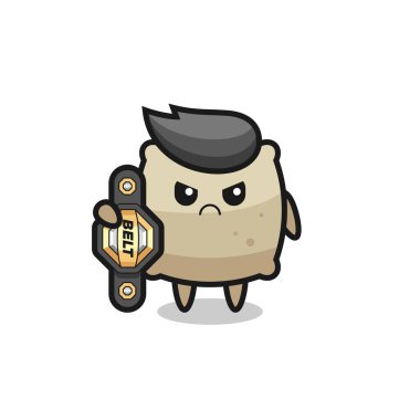 Torba maskotu, şampiyon kemeri olan bir MMA dövüşçüsü tişört, çıkartma ve logo elementi için şirin bir tasarım.