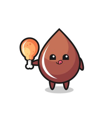 Çikolatalı tatlı maskot kızarmış tavuk yiyor. Tişört, çıkartma, logo elementi için şirin bir tasarım.