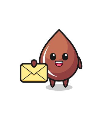 Sarı bir harf taşıyan çikolata damlasının çizgi film çizimi, tişört, çıkartma, logo elementi için şirin bir tasarım.