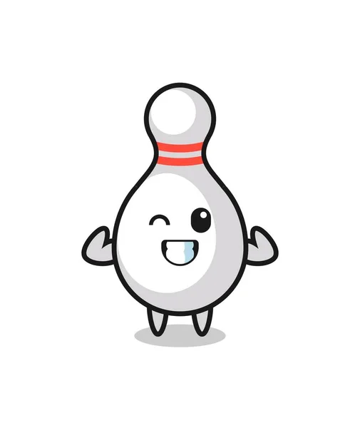 Muscular Bowling Pin Character Posing Showing His Muscles Cute Style — Stock Vector