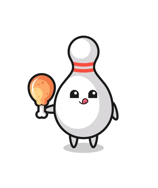 Bowling Pin Carina Mascotte Sta Mangiando Pollo Fritto Design Stile — Vettoriale Stock