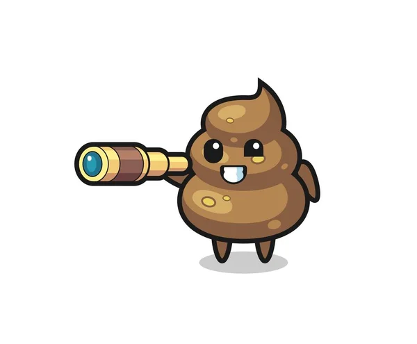 Cute Poop Character Holding Old Telescope Cute Style Design Shirt — Stock Vector