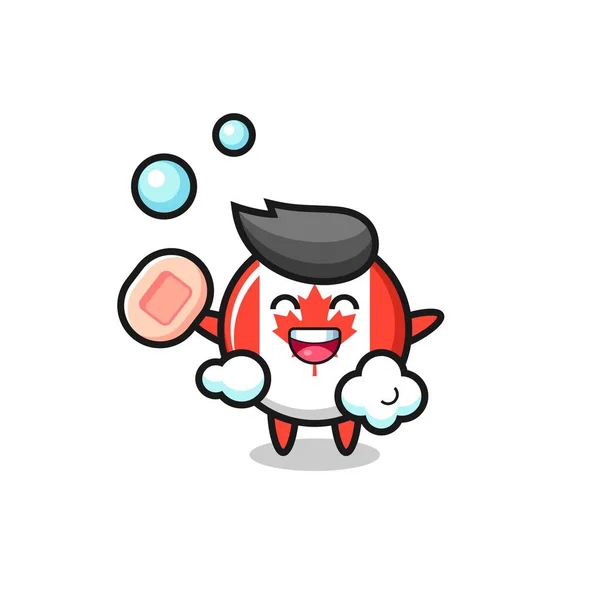 Canada Flag Badge Character Bathing While Holding Soap Cute Style — 图库矢量图片
