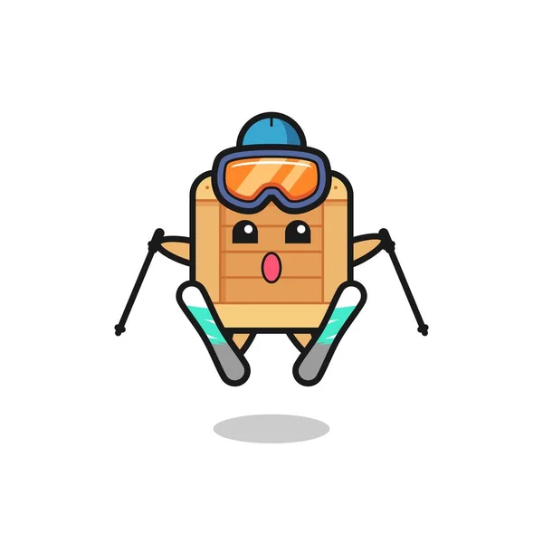 Caixa Madeira Mascote Personagem Como Jogador Esqui Design Estilo Bonito — Vetor de Stock