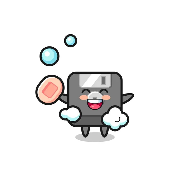 Disket Karakteri Sabun Tutarken Banyo Yapıyor Tişört Etiket Logo Elementi — Stok Vektör