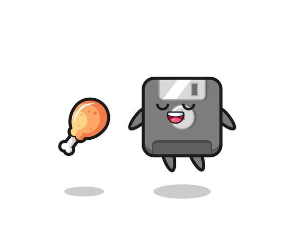 Cute Floppy Disk Floating Tempted Because Fried Chicken Cute Style — 图库矢量图片