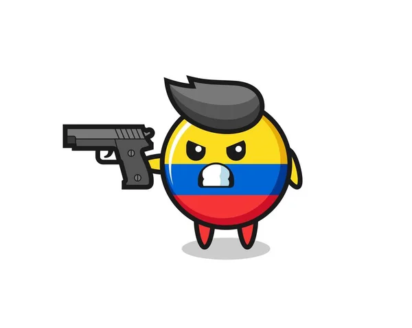 Simpatico Distintivo Bandiera Colombia Personaggio Sparare Con Una Pistola Design — Vettoriale Stock