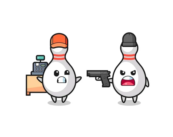 Illust Cute Bowling Pin Cashier Pointed Gun Robber Cute Style — Vector de stock