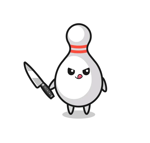 Carino Bowling Pin Mascotte Come Uno Psicopatico Possesso Coltello Design — Vettoriale Stock