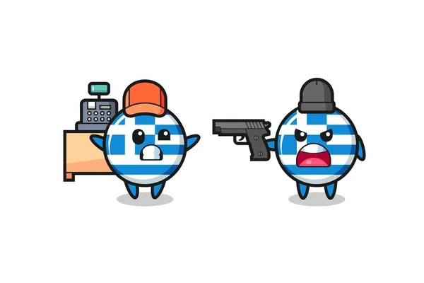 Illustration Cute Greece Flag Cashier Pointed Gun Robber Cute Style — Stock Vector